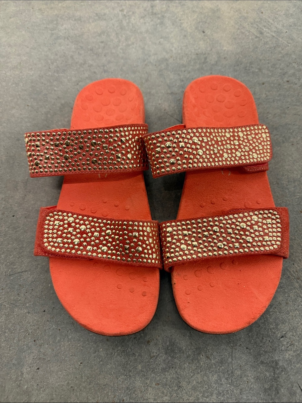 Vionic Red-Orange Slide Sandals with Gold Stud Accents